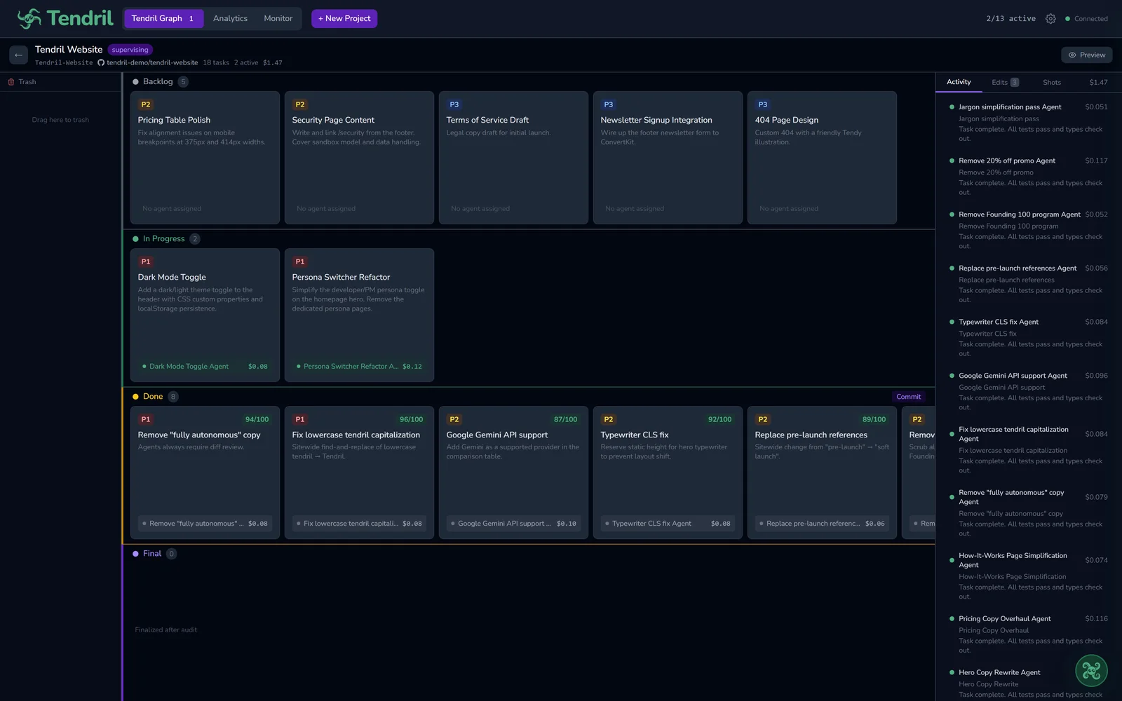 Tendril Kanban board with AI-assigned task cards