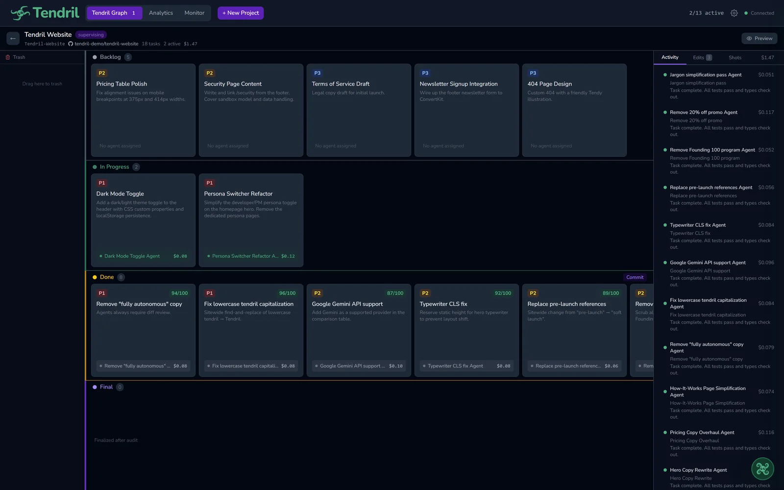 Tendril Kanban board with multiple agents executing tasks in parallel