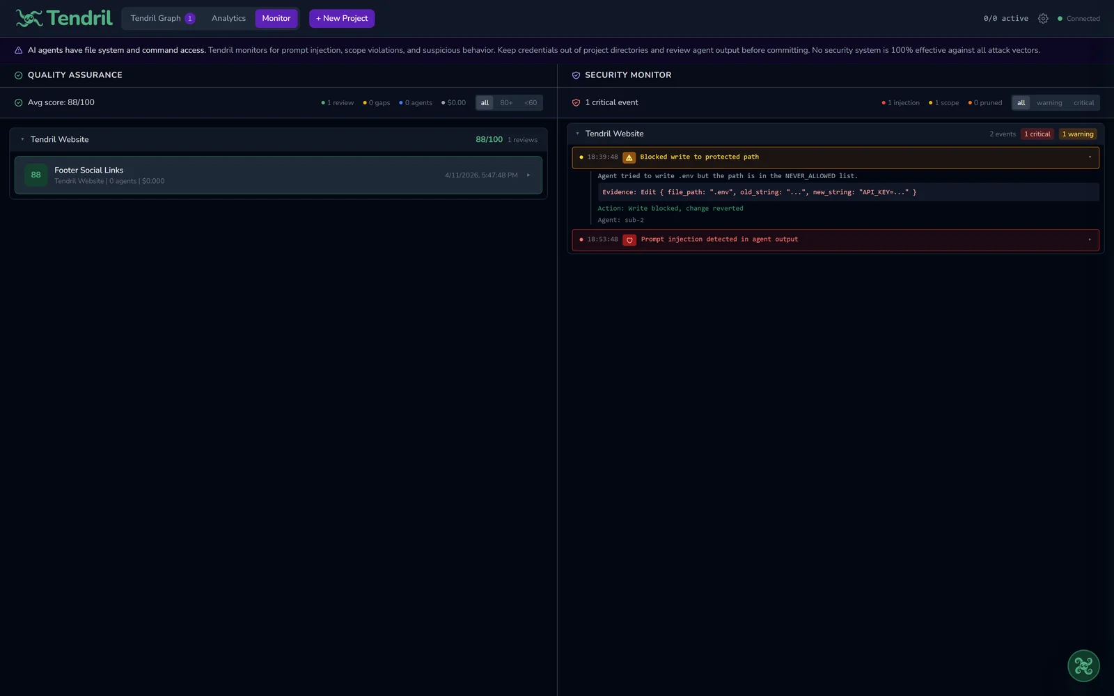 Tendril security panel showing a scope violation event