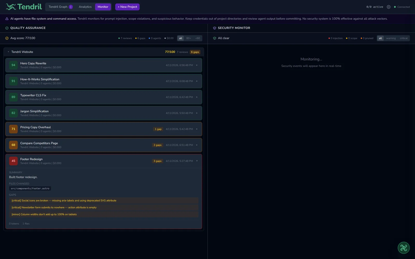 Quality audit scores in Tendril