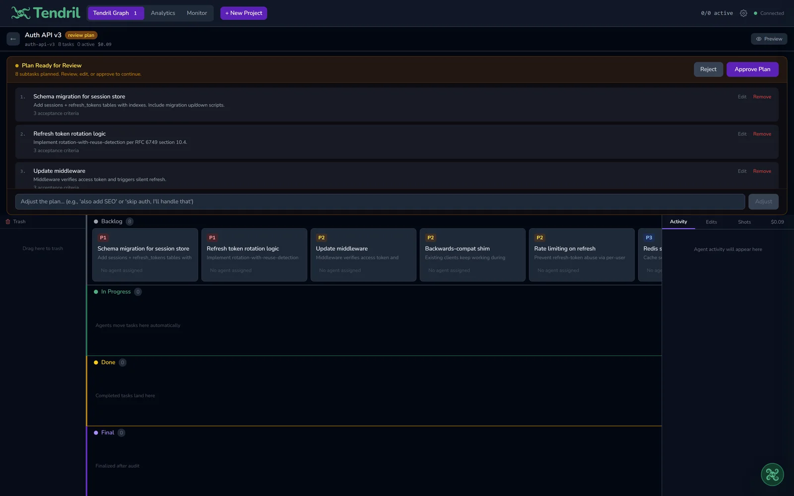 Tendril plan review showing AI-generated subtasks ready for PM approval