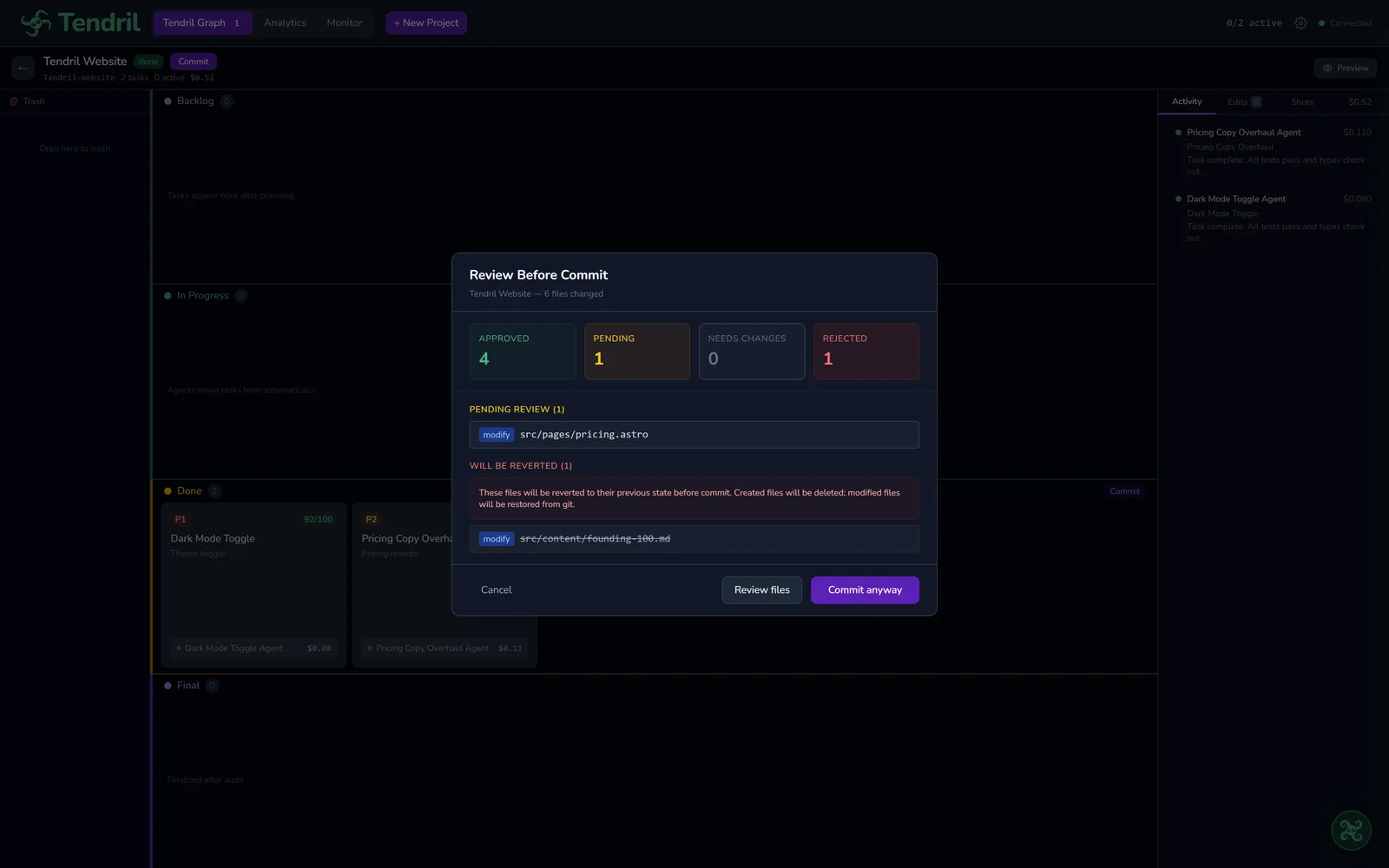 Commit review showing diff summary before merge
