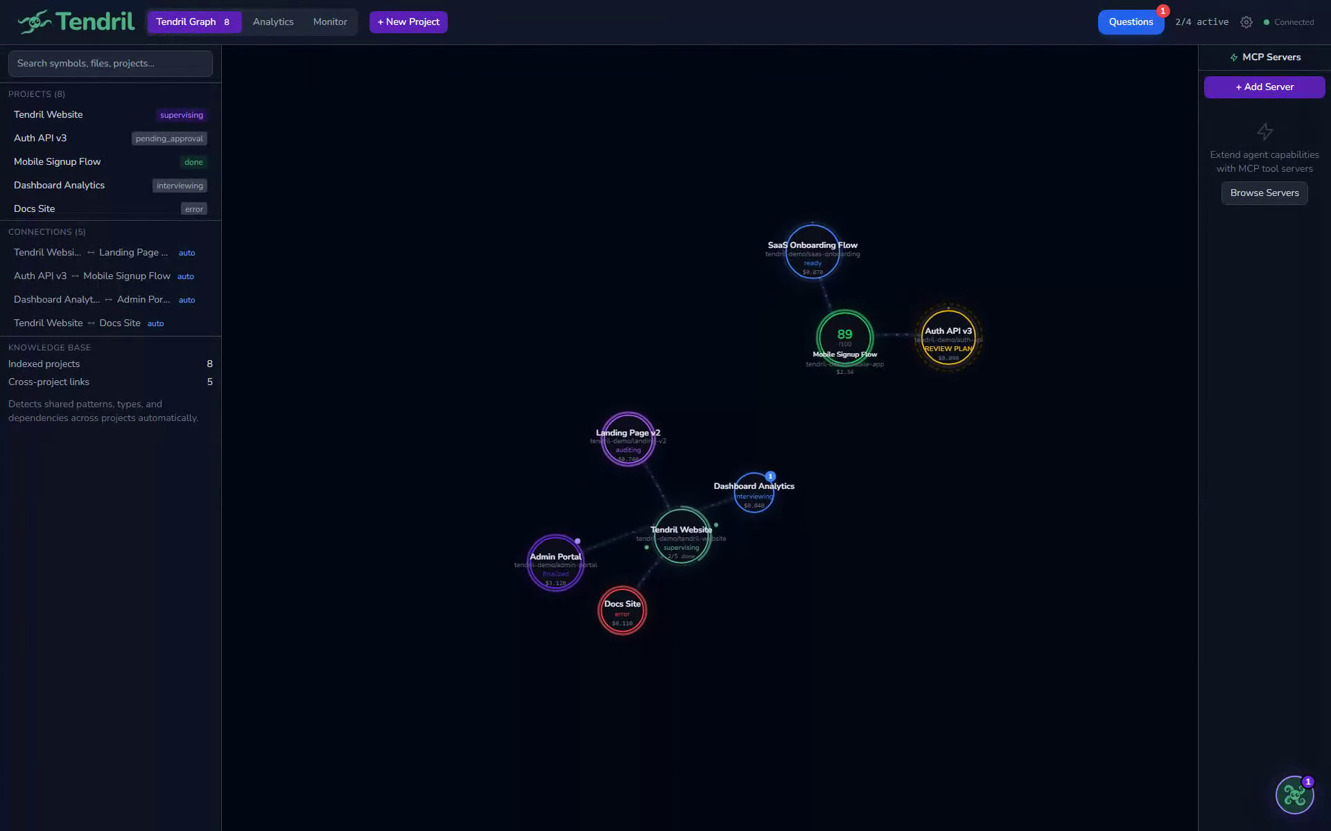 Tendril project graph showing live agent status and cost per project